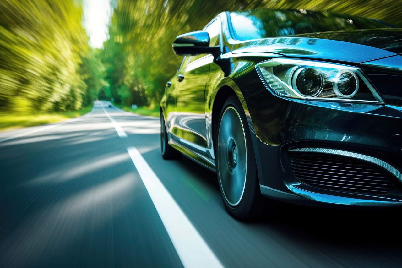 緑の中走っている車